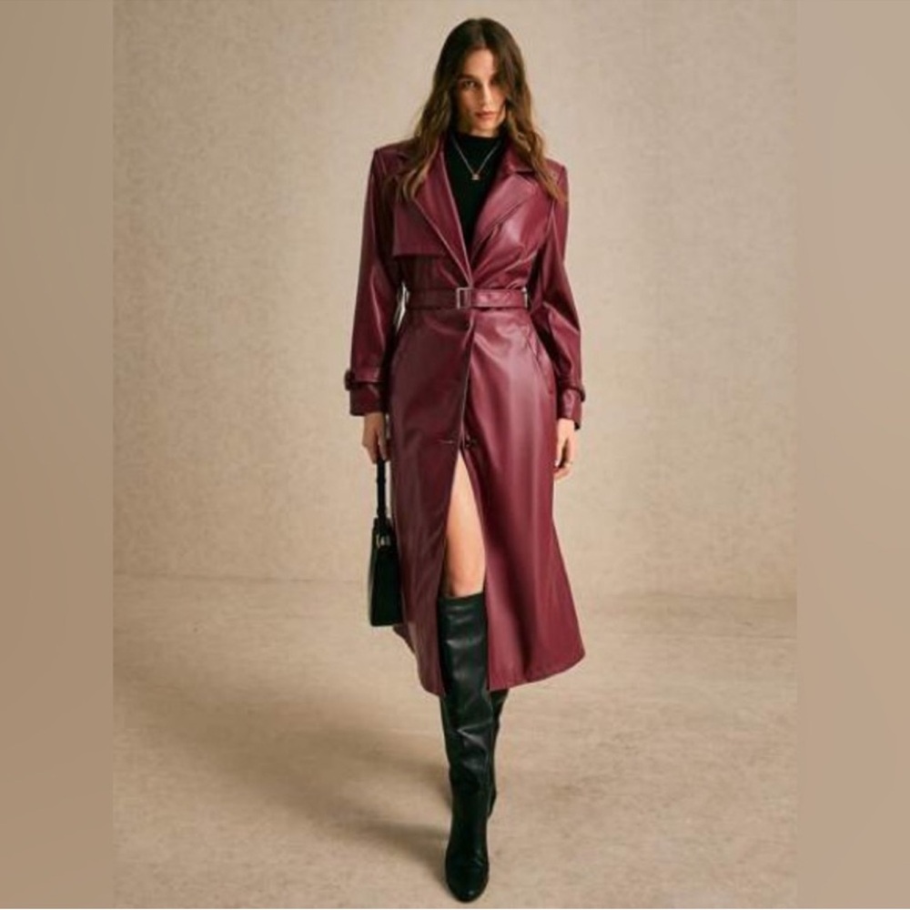 Micas Solid Faux Leather Button Pocket Trench Coat